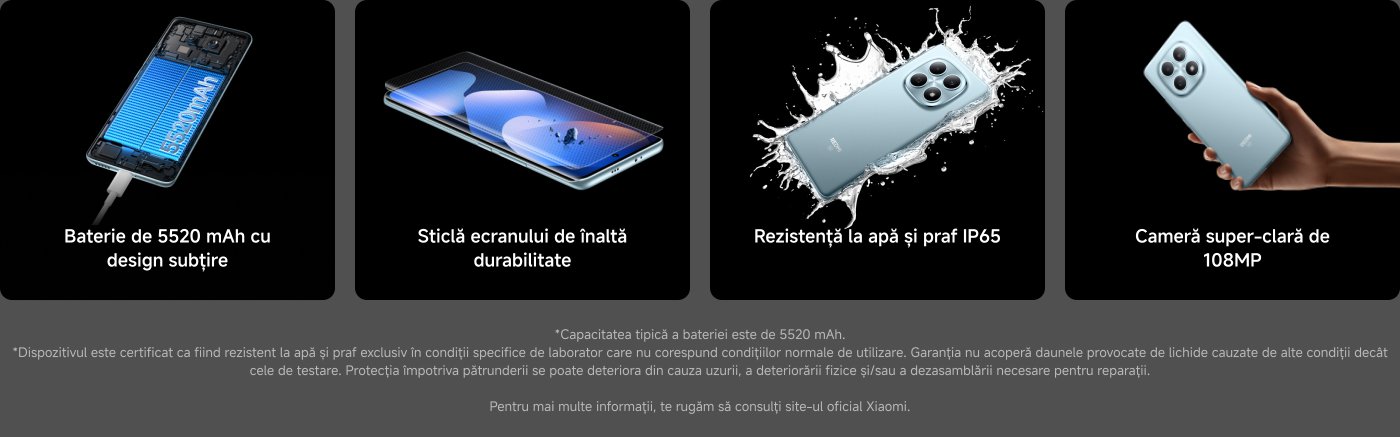 Baterie de 6000 mAh, sticlă de ecran durabilă, rezistență IP64 la apă și praf, cameră de 108MP. Informații suplimentare despre capacitate și garanție disponibile pe site-ul oficial Xiaomi.