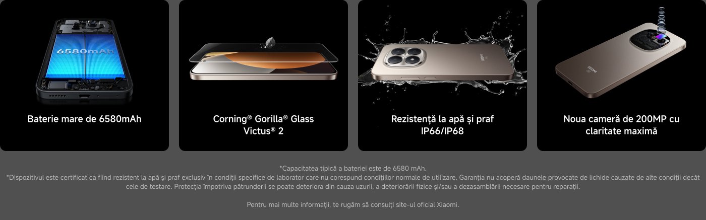 Baterie mare de 6580mAh, protecție din Corning® Gorilla® Glass Victus® 2, rezistență la apă și praf IP66/IP68/IP69K, cameră de 200MP cu claritate maximă. Detalii suplimentare disponibile pe site-ul oficial Xiaomi.
