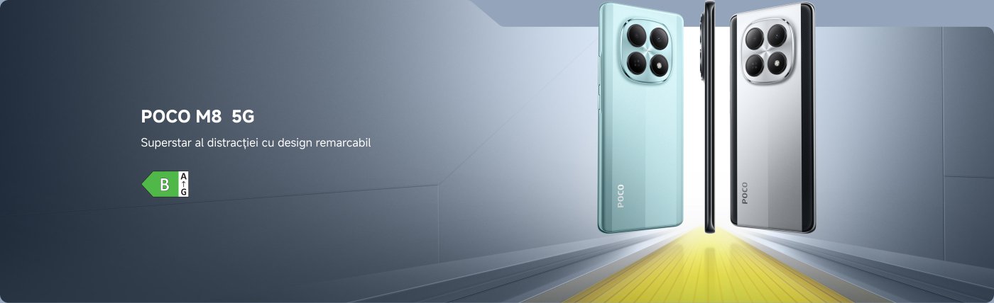 Imaginea de promovare a telefonului POCO M8 Pro 5G arată telefonul în trei culori, cu un fundal cu modele circulare. Textul menționează „Expert accesibil în divertisment” și „Ofertă exclusivă: 200 Lei reducere”.