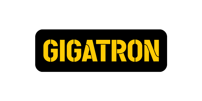 Na crnoj pozadini nalazi se reč "GIGATRON", slova su žute boje, sa debelim fontom i modernim izgledom.