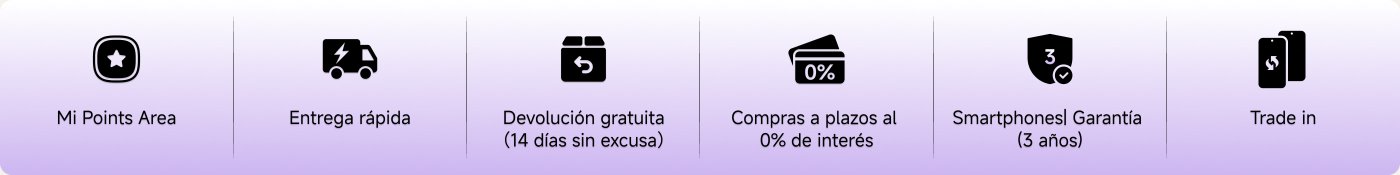 Mi Points Area, entrega rápida, devolución gratuita (14 días sin excusa), compras a plazos al 0% de interés, smartphones garantía (3 años), trade in.
