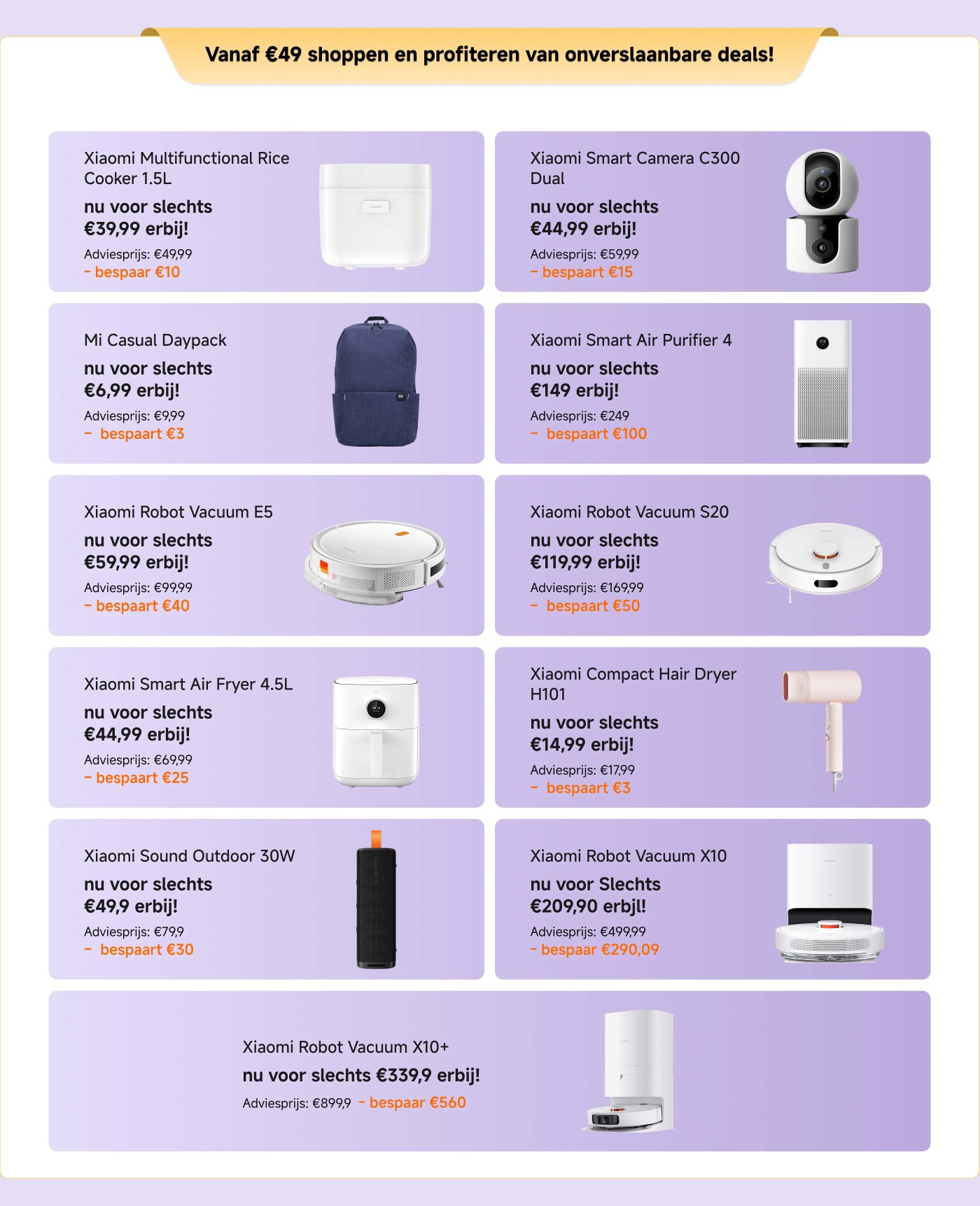 Aanbiedingsinformatie met kortingen op verschillende Xiaomi-producten, zoals de Xiaomi Robotstofzuiger, de Mi Casual Backpack en de Redmi-oordopjes, benadrukt dat je vanaf 49 euro kunt winkelen voor geweldige aanbiedingen.