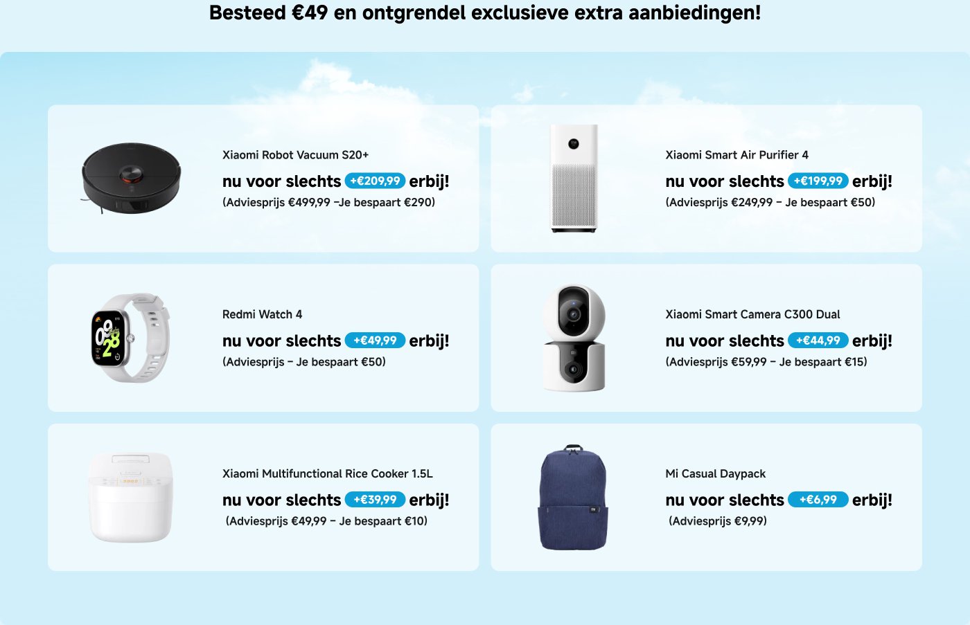 De afbeelding toont promotie-informatie, inclusief verschillende Xiaomi-producten en hun prijzen. Gebruikers kunnen genieten van extra kortingen bij een aankoop van €49 of meer. De producten omvatten de Xiaomi-stofzuiger, luchtzuiveraar, smartwatches, rijstkoker, slimme camera en rugzak, die allemaal kortingsinformatie hebben.