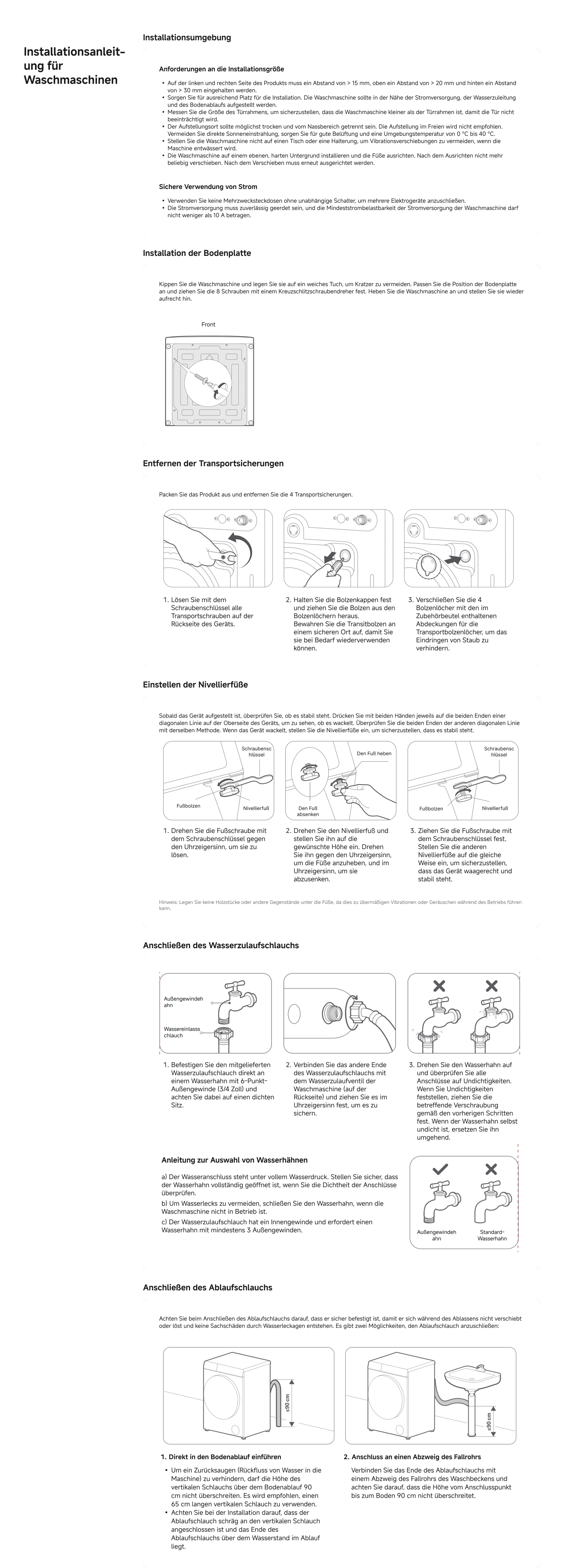 Die Abbildung enthält Anweisungen zur Installation eines Geräts, einschließlich Sicherheitsanforderungen, Anschluss von Wasser- und Stromversorgung sowie Montageanleitungen. Es werden wichtige Schritte zur korrekten Installation und Verwendung erläutert, um sicherzustellen, dass das Gerät ordnungsgemäß funktioniert und sicher verwendet wird.