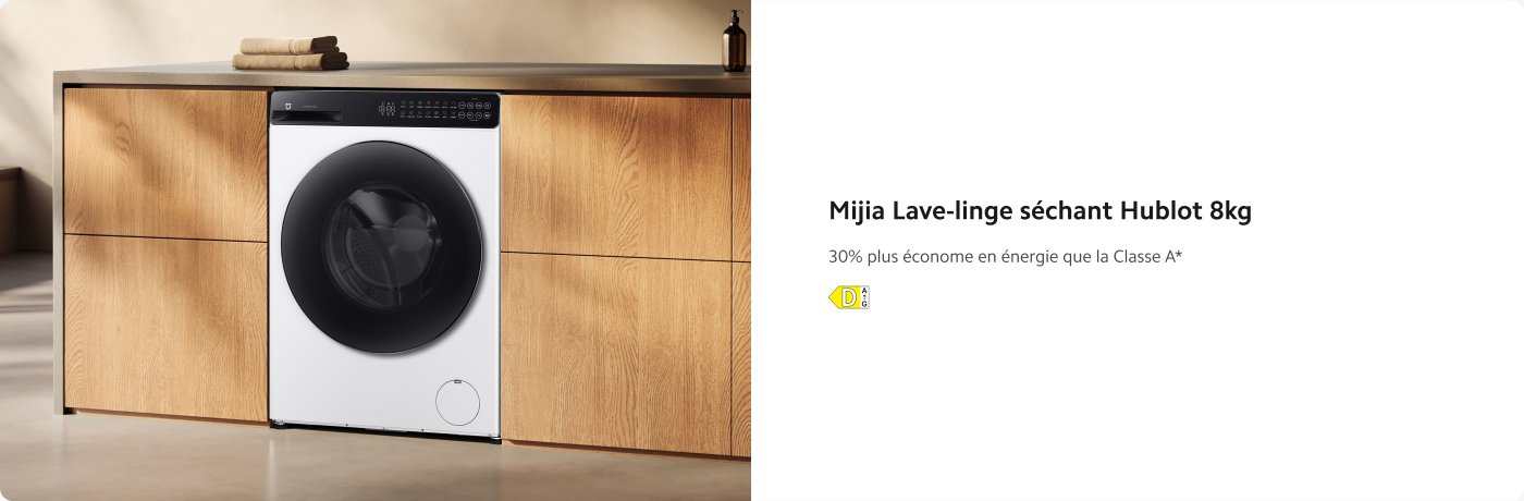 Une machine à laver à chargement frontal Mijia de 8 kg est placée à côté d'un placard en bois, avec une étiquette indiquant son efficacité énergétique de classe D, ce qui signifie qu'elle est 30 % moins économe en énergie qu'une classe A.