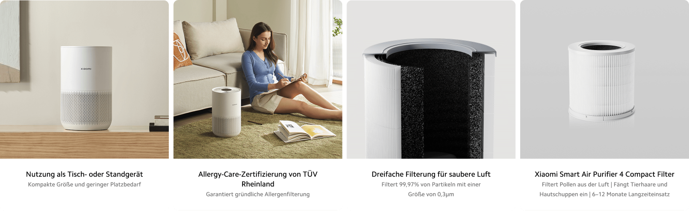Es zeigt mehrere Modelle von Luftreinigern und deren Funktionen. Auf der linken Seite befindet sich ein hochpräziser Lasersensor, der kleinste Partikel überwachen kann. In der Mitte ist ein Luftreiniger einer bestimmten Marke, mit einer Frau, die mit einer Katze interagiert, daneben steht der Reiniger. Auf der rechten Seite wird das dreifache Filtersystem und der Filter des Xiaomi-Luftreinigers gezeigt, wobei die Filterwirkung hervorgehoben wird.