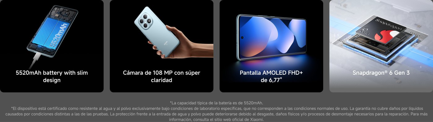 El teléfono Redmi Note 15 5G tiene las siguientes características:
- Batería de 5520mAh, diseño ultra delgado
- Pantalla de vidrio de alta durabilidad
- Resistencia al agua y al polvo IP65
- Cámara de 108 MP ultra clara
- Pantalla AMOLED FHD+ de 6.77 pulgadas
- Precio inicial de 299€