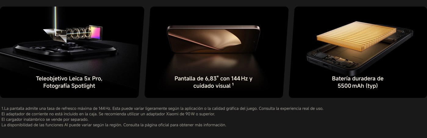 Teleobjetivo Leica 5x Pro, Fotografía Spotlight. Pantalla de 6,83" con 144Hz y cuidado visual. Batería duradera de 5500 mAh (typ). La disponibilidad de funciones AI puede variar según región. Consulta la página oficial para obtener más información.