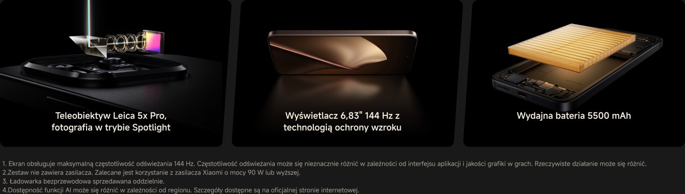 "1. Zestaw nie zawiera zasilacza. Zalecane jest użycie zasilacza Xiaomi o mocy 67 W lub wyższej. 2. Dostępność funkcji AI może się różnić w zależności od regionu. Szczegółowe informacje dostępne są na oficjalnej stronie internetowej."