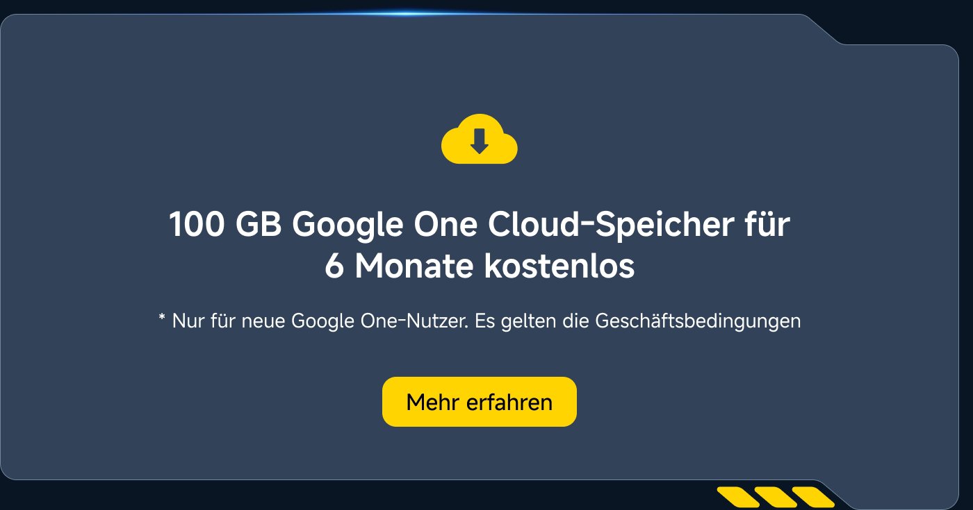 100 GB Google One Cloud-Speicher für 6 Monate kostenlos. * Nur für neue Google One-Nutzer. Es gelten die Geschäftsbedingungen. Mehr erfahren.