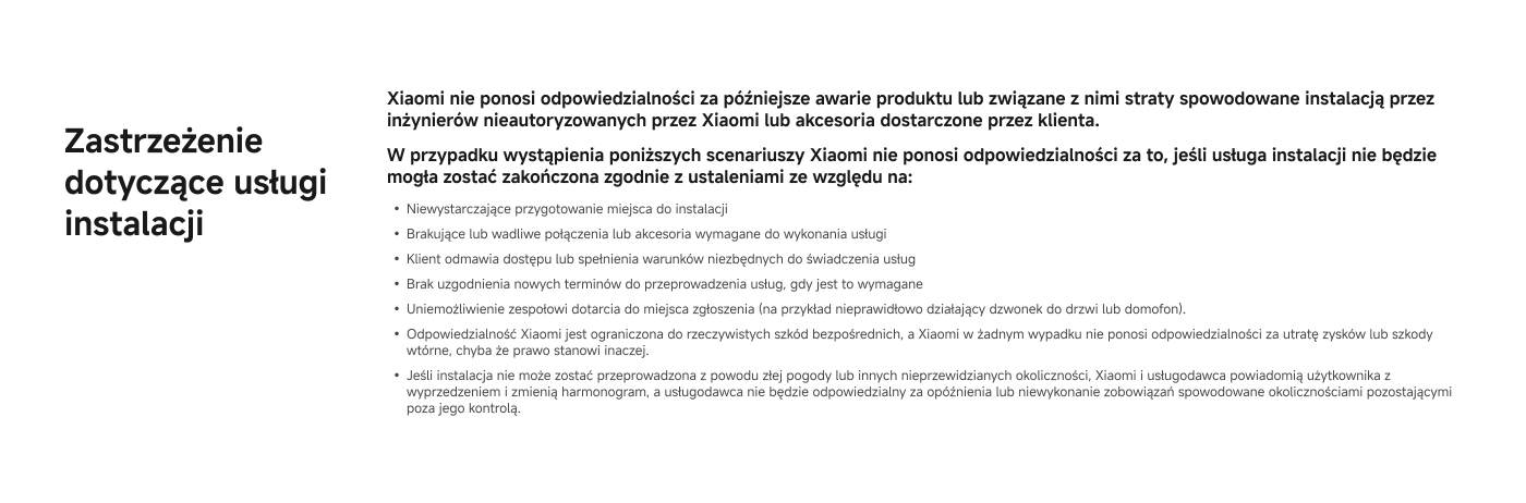 Zastrzeżenie dotyczące usługi instalacji. W przypadku wystąpienia potencjalnych problemów, Xbox nie ponosi odpowiedzialności za ich rozwiązanie. Zawiera informacje dotyczące odpowiedzialności i warunki korzystania z usług.
