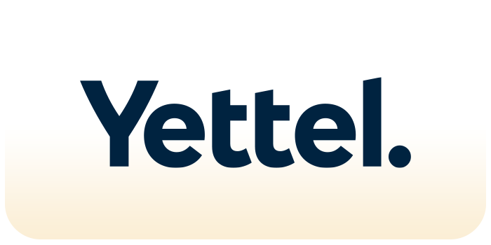 Yettel logo se ističe, prikazujući naziv brenda u stilizovanom fontu, pretežno u tamnoplavoj boji na svetloj pozadini.
