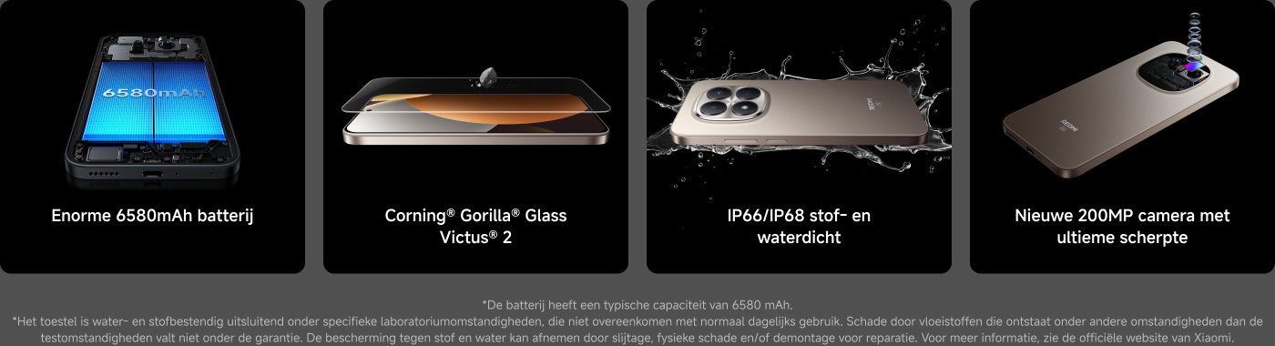 Toont de kenmerken van een smartphone, waaronder:

- 6580mAh grote batterij
- Corning® Gorilla® Glass Victus® 2 scherm
- IP66/IP68 stof- en waterdichtheid
- 200MP hoge-resolutie camera

Er is extra uitleg aan de onderkant, die de water- en stofbestendigheid van het apparaat en de testomstandigheden van de batterijcapaciteit benadrukt.