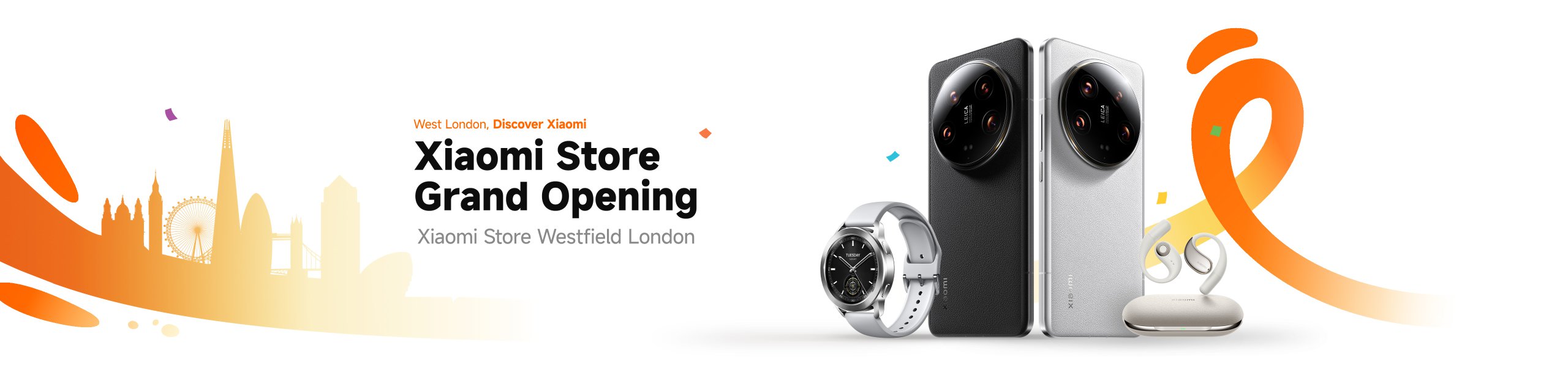 Xiaomi Store grand opening announcement featuring two smartphones, a smartwatch, and wireless earbuds. The background includes a skyline silhouette with notable landmarks. The location is Westfield Stratford City.