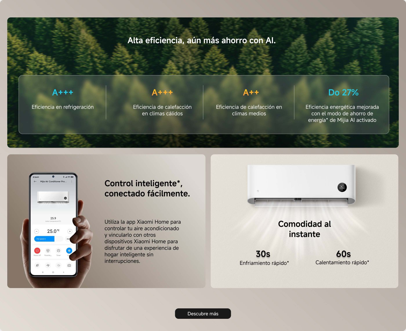 El modo de ahorro de energía de Mijia: El aire acondicionado Mijia Pro Eco de 3.5 kW mejora la eficiencia energética en un 27% al activar el modo de ahorro de energía, mientras que el modelo de 2.6 kW mejora en un 26%. Este aire acondicionado es compatible con Wi-Fi de 2.4 GHz, pero no es compatible con redes de 5 GHz. Enfría rápidamente en 30 segundos y calienta rápidamente en 60 segundos. El rendimiento real puede variar según las condiciones ambientales y la configuración de instalación.