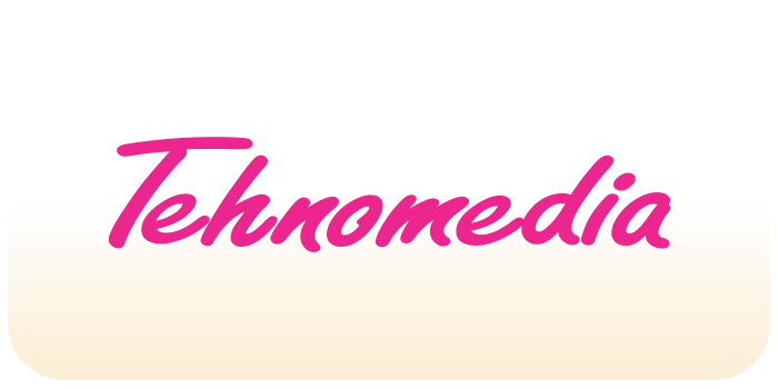 Ovo je ikona koja prikazuje natpis "Tehnomedia", sa fontom u roze boji i pozadinom koja ima gradijentni efekat.