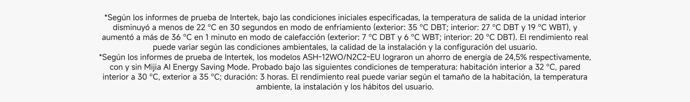 Modo de ahorro de energía Mijia AI: Comparando el mismo modelo con y sin el modo Mijia AI Energy Saving, se logró hasta un 27% de mejora de la eficiencia energética. Control inteligente: El aire acondicionado funciona con Wi-Fi de 2,4 GHz y no es compatible con redes de 5 GHz.
