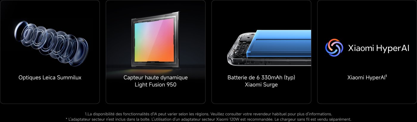 Le design élégant du téléphone Xiaomi, équipé de quatre caméras. Il met en avant la technologie Xiaomi HyperAI et la puce MediaTek Dimensity 8400, soulignant la connexion avec la Communication Astrale de Xiaomi.