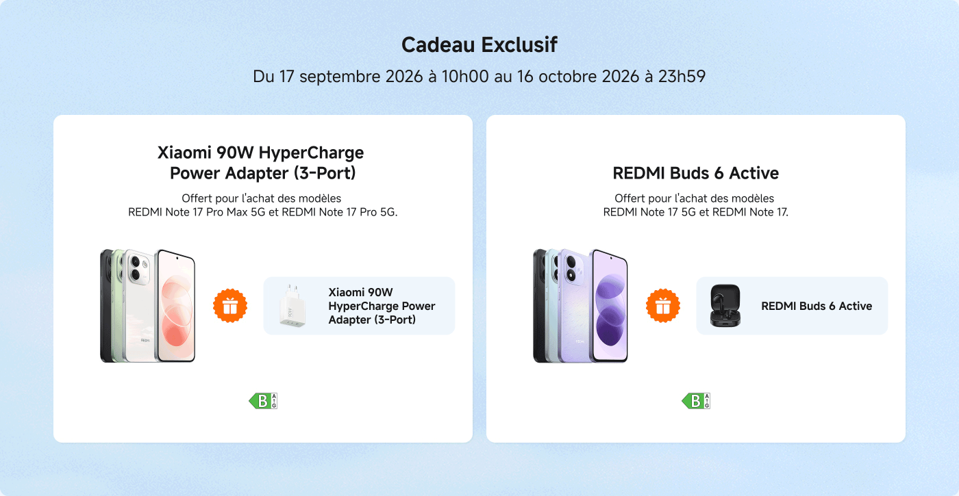 Xiaomi propose des cadeaux exclusifs pour l'achat de modèles spécifiques. Du 17 septembre 2026 au 16 octobre 2026, les clients qui achètent le REDMI Note 17 Pro Max 5G ou le REDMI Note 17 Pro 5G recevront un adaptateur secteur Xiaomi 90W HyperCharge (3 ports). De plus, l'achat du REDMI Note 17 5G ou du REDMI Note 17 sera accompagné des REDMI Buds 6 Active en cadeau.