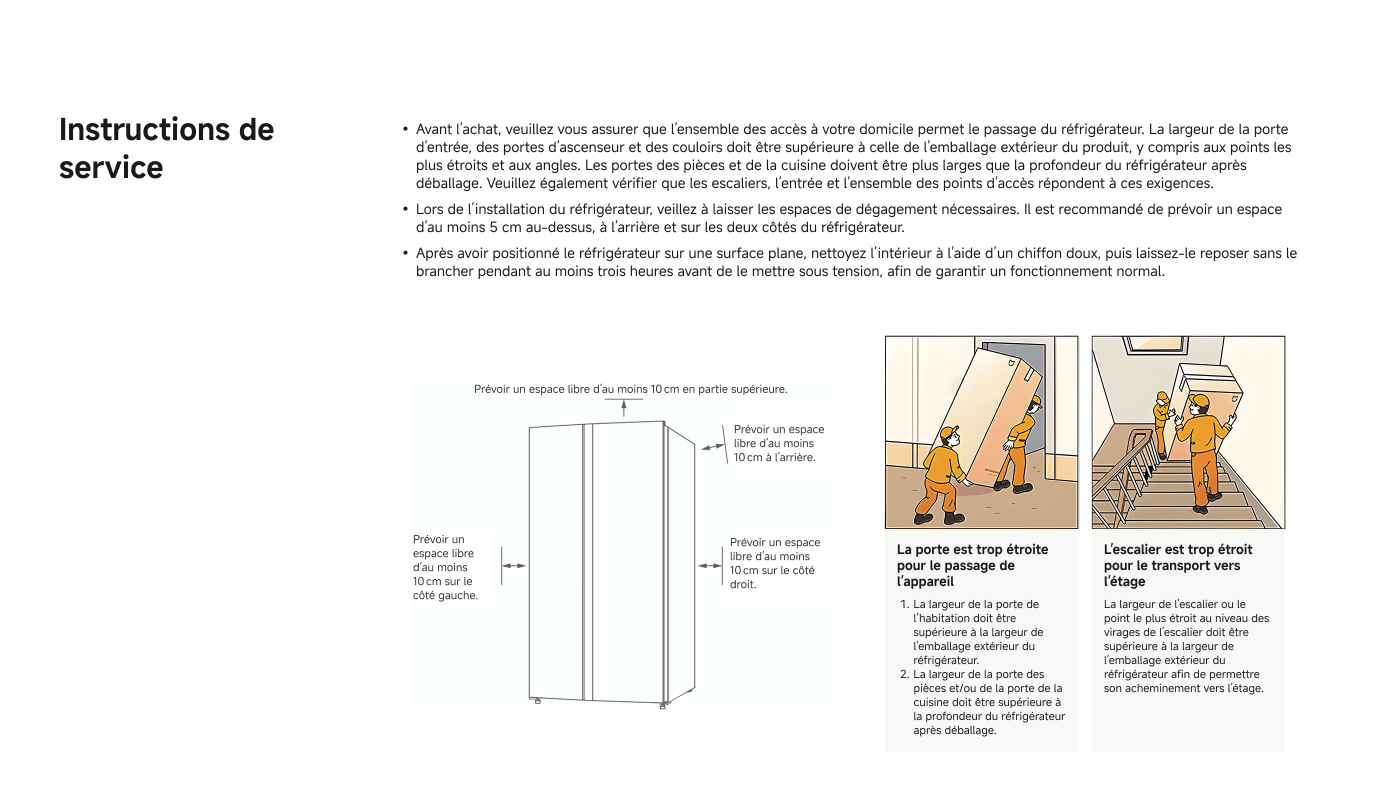 Avant d'acheter un réfrigérateur, vérifiez que les accès à votre domicile permettent son passage. Assurez-vous que la largeur des portes et des couloirs est suffisante. Prévoyez également un espace de dégagement d’au moins 5 cm autour. Nettoyez l’intérieur avant de le brancher, et laissez-le reposer pendant au moins trois heures.