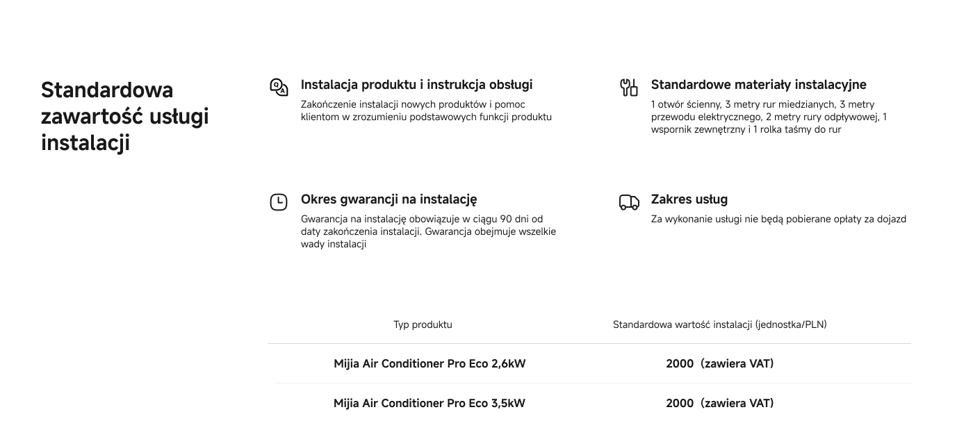 Podstawowy opis zawartości usługi instalacji, w tym instalacji produktów i instrukcji obsługi, wymaganych materiałów, okresu gwarancji oraz zakresu usług. Koszt instalacji obu modeli klimatyzatorów wynosi 1700 złotych polskich (z wliczonym podatkiem VAT).