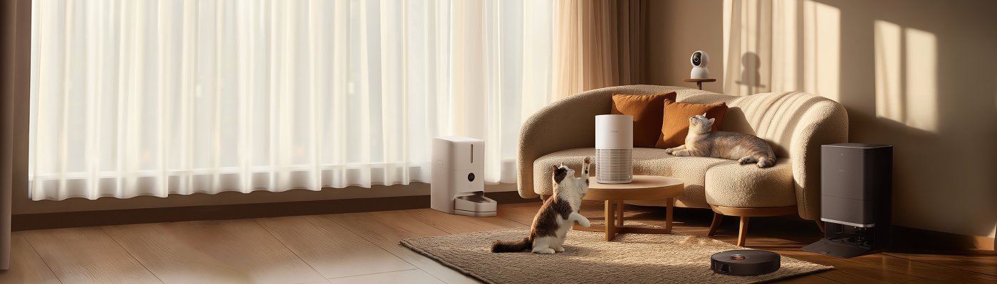 Due gatti sono in un accogliente soggiorno, uno riposa sul divano, mentre l'altro esplora vicino al tavolino da caffè. Nella stanza ci sono un purificatore d'aria e un distributore automatico di cibo, la luce filtra attraverso le tende e illumina l'ambiente.