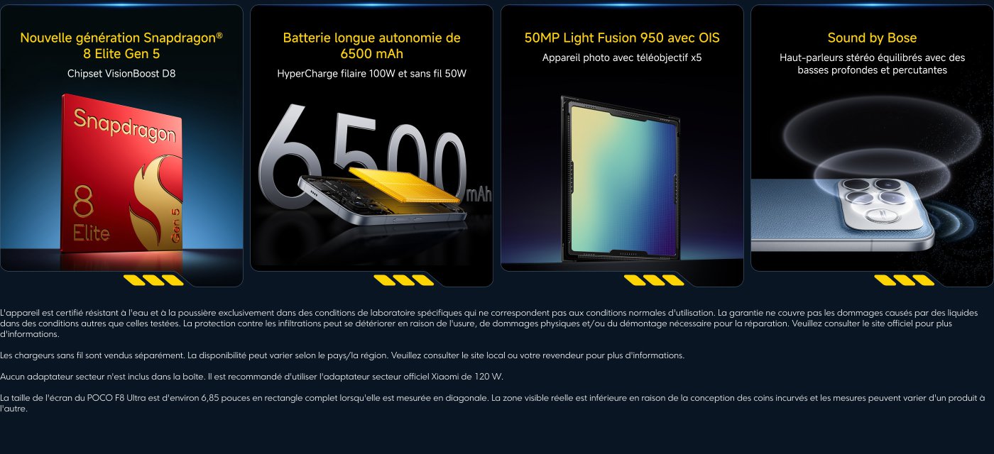 Nouvelle génération Snapdragon® 8 Elite Gen 5 avec chipset VisionBoost D8, batterie de 6500 mAh, et HyperCharge 100W filaire et 50W sans fil. Appareil photo 50MP Light Fusion 950 avec OIS, son par Bose. Résistant à l’eau et à la poussière, garantie limitée.