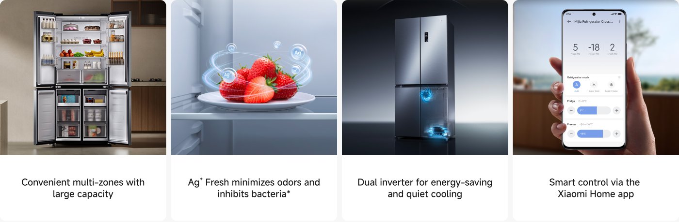 It showcases a multifunctional refrigerator with a large capacity, stocked with various foods such as fruits and beverages. It emphasizes that silver ion technology can inhibit bacteria and odours, and is equipped with dual inverters for energy efficiency and quiet cooling. Users can control it smartly through the Xiaomi Home app.