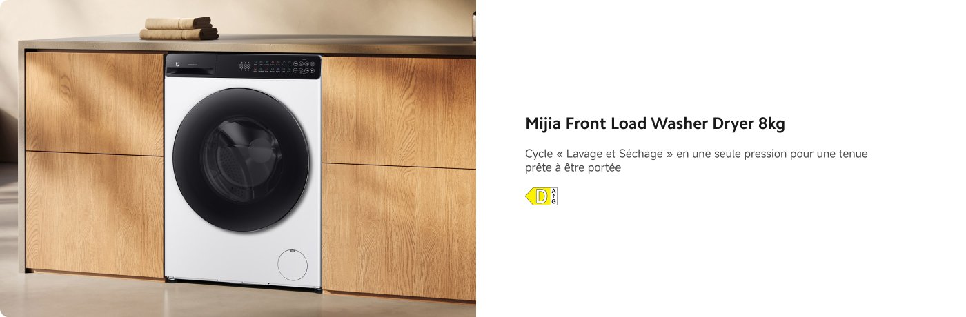 Lave-linge et sèche-linge Mijia en version frontale, d'une capacité de 8 kg, avec une fonction d'opération à une touche pour le "lavage et le séchage", idéale pour préparer rapidement des vêtements à porter. Le fond est un placard en bois.