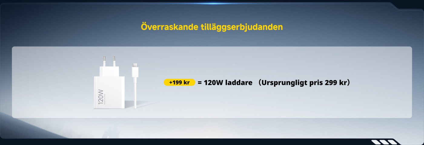 En kampanjinformation för en 120W-laddare, priset är 199 kronor, ordinarie pris 299 kronor.