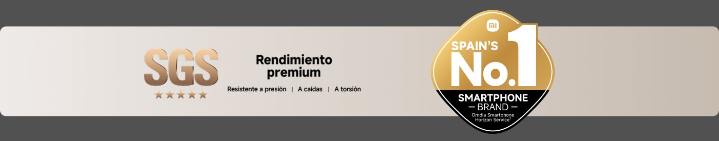 La imagen presenta varias certificaciones y afirmaciones sobre la durabilidad y el rendimiento de un teléfono inteligente. Los puntos clave incluyen:

- Certificación de resistencia al agua (TÜV SÜD).
- Alta resistencia a ciclos de batería (1600 ciclos).
- Certificación de rendimiento premium (SGS) que indica resistencia a la presión, caídas y torsión.
- Un distintivo que dice "La marca de teléfonos inteligentes número 1 de España" según el servicio Omdia Smartphone Horizon.