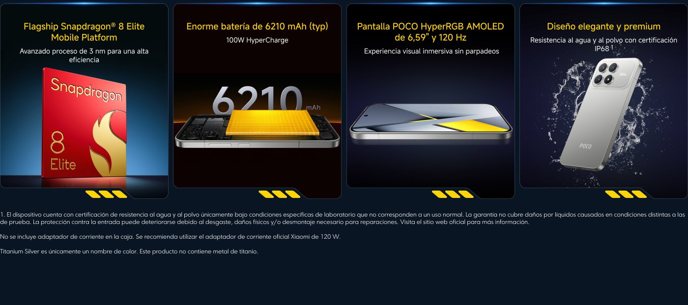 Plataforma móvil Snapdragon® 8 Elite, batería de 6210 mAh con carga rápida de 100W, pantalla AMOLED de 6,59" y 120 Hz, diseño elegante y premium con resistencia al agua y al polvo (certificación IP68).
