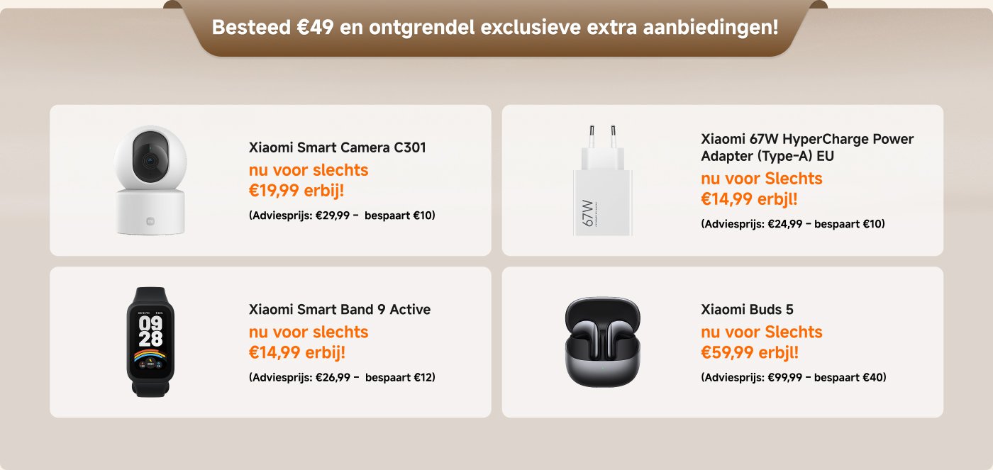 Aanbiedingsinformatie met kortingen op verschillende Xiaomi-producten, zoals de Xiaomi Robotstofzuiger, de Mi Casual Backpack en de Redmi-oordopjes, benadrukt dat je vanaf 49 euro kunt winkelen voor geweldige aanbiedingen.
