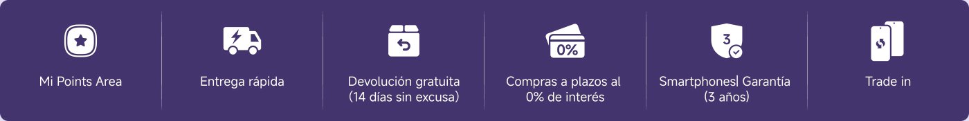 Los servicios ofrecidos incluyen: área de Mi Points, entrega rápida, devolución gratuita sin condiciones en 14 días, pago a plazos sin intereses y garantía de teléfono (3 años), así como el servicio de cambio por uno nuevo.