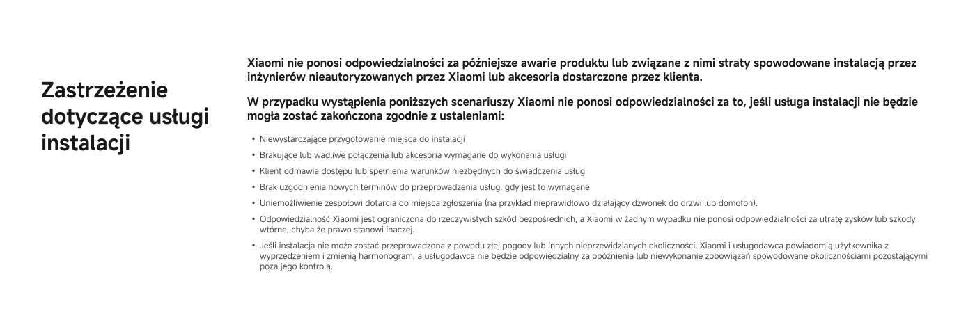 Zastrzeżenie dotyczące usługi instalacji. W przypadku wystąpienia potencjalnych problemów, Xbox nie ponosi odpowiedzialności za ich rozwiązanie. Zawiera informacje dotyczące odpowiedzialności i warunki korzystania z usług.