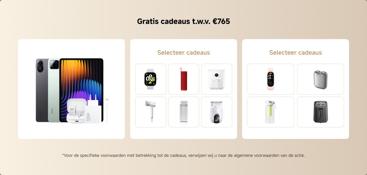 De totale waarde van de gratis geschenken is €759,85 en omvat een mobiele telefoon, oordopjes en een oplader. Gebruikers kunnen kiezen uit verschillende geschenken, zoals een smartwatch, een luidspreker en een luchtfriteuse. Voor de gedetailleerde voorwaarden, raadpleeg de algemene voorwaarden van de actie.