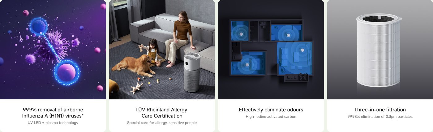 The image showcases an air purifier with several highlighted features:

1. **99.9% removal of airborne Influenza A (H1N1) viruses** using UV LED and plasma technology.
2. **TÜV Rheinland Allergy Care Certification**, indicating special care for allergy-sensitive individuals.
3. **Effectively eliminates odours** with high-iodine activated carbon.
4. **Three-in-one filtration** that achieves 99.98% elimination of 0.3µm particles.

The background features a family setting with a dog, suggesting a focus on home health and comfort.