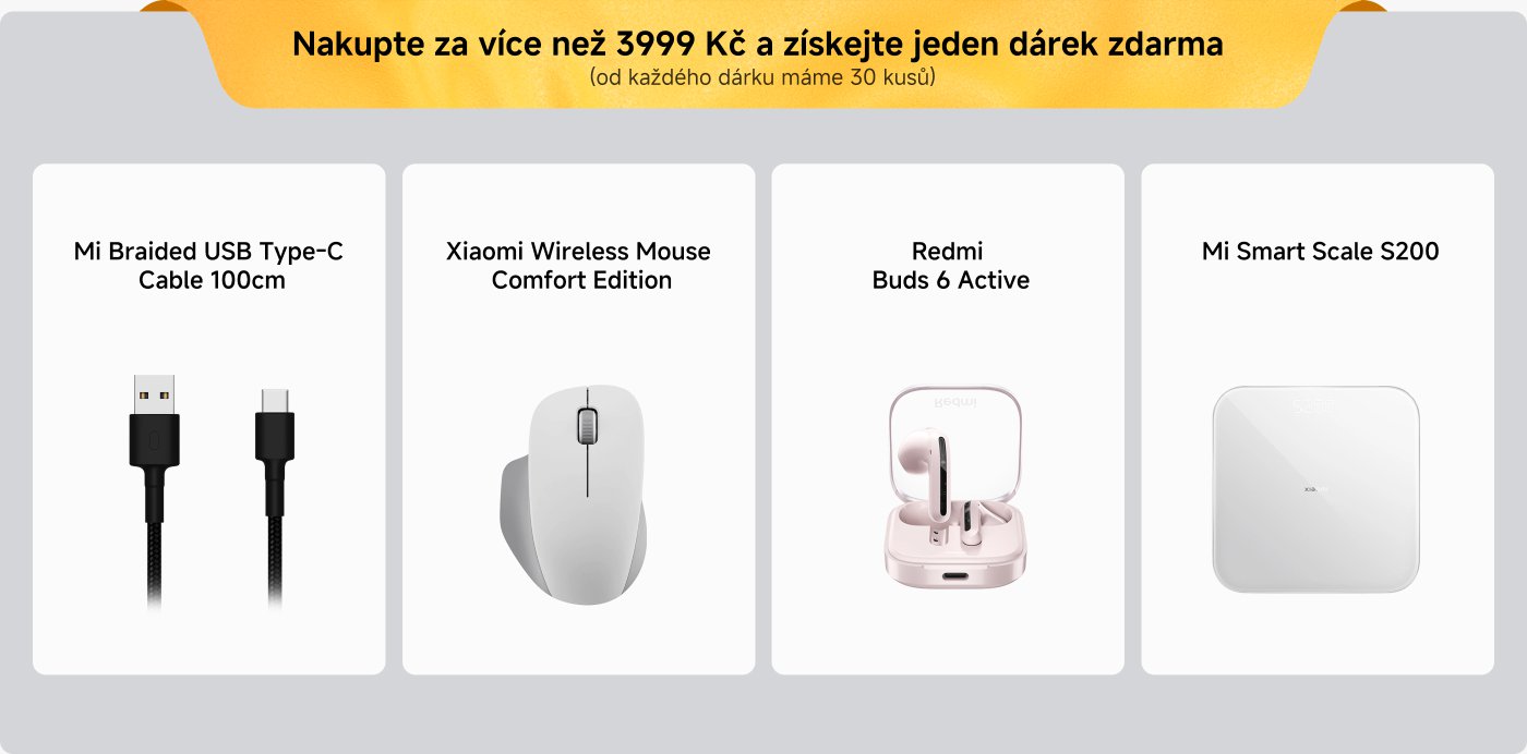 Při nákupu nad 2999 Kč získáte dárek. Zobrazované produkty zahrnují: Xiaomi Wireless Mouse Lite 2, Redmi Buds 6 Play, Xiaomi Power Bank 10000mAh (s integrovaným kabelem), Mi Smart Scale S200, Xiaomi Sport Water Bottle a Xiaomi Smart Band 9 active.