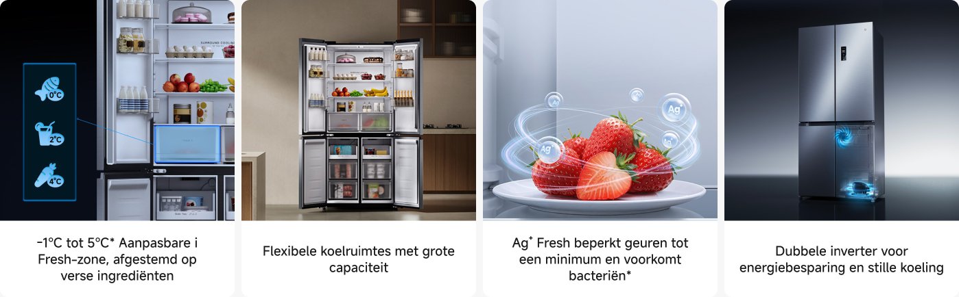 Een moderne koelkast wordt getoond, met verschillende voedingsmiddelen en dranken binnenin, inclusief een verstelbaar koelgedeelte dat geschikt is voor verschillende temperatuurbehoeften. De buitenkant van de koelkast is stijlvol, voorzien van dubbele invertertechnologie, energiezuinig en stil in werking. De tekst beschrijft de kenmerken van de koelkast, waaronder vershoud- en antibacteriële functies.