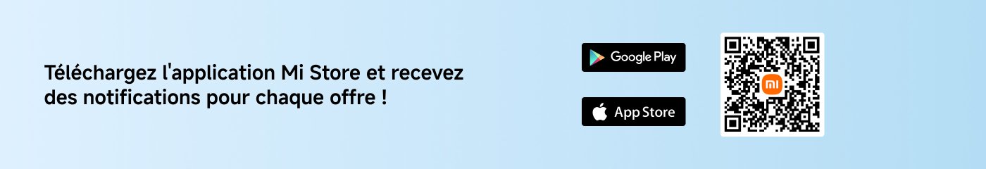 Téléchargez l'application Mi Store et recevez des notifications pour chaque offre ! Fournit des liens de téléchargement pour Google Play et l'App Store ainsi qu'un code QR.