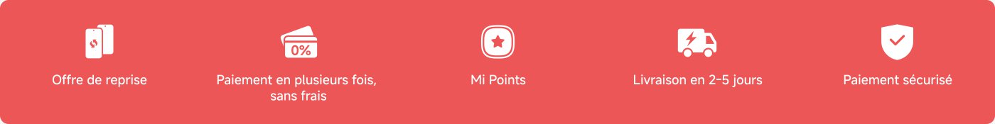 Les services fournis incluent : le recyclage de vieux téléphones, le paiement échelonné sans frais, les points Mi, la livraison en 2 à 5 jours et le paiement sécurisé.