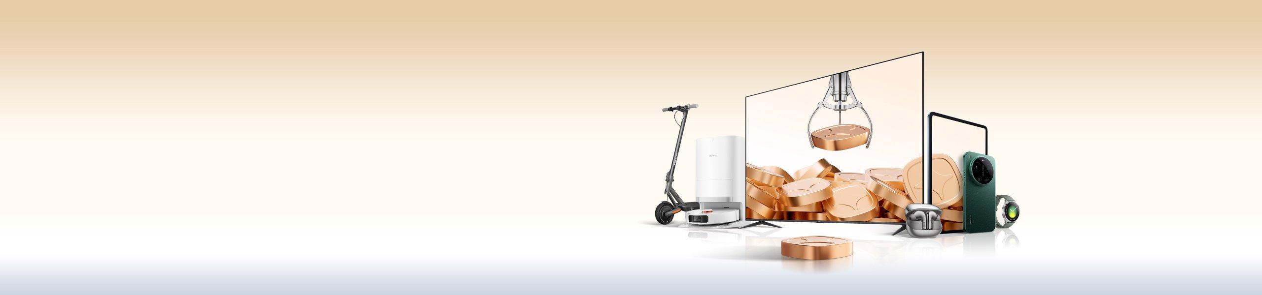 Un ensemble d'appareils électroniques, comprenant une télévision, un téléphone portable, une machine à laver, un scooter et une montre, sur un fond dégradé de bleu et de rouge.