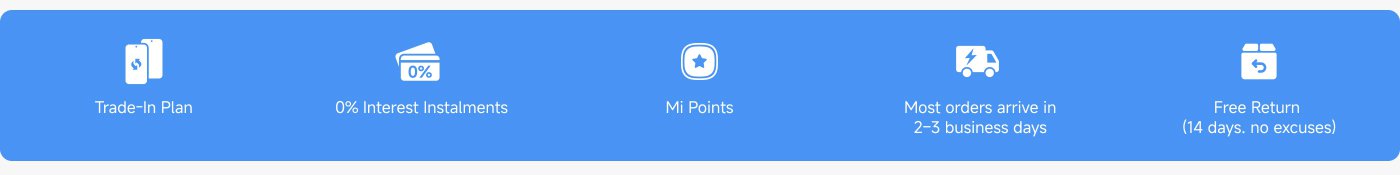 Provided multiple service information, including: trade-in program, 0% interest installment payments, Mi points, delivery of orders within 2-3 working days, and a 14-day free return policy.