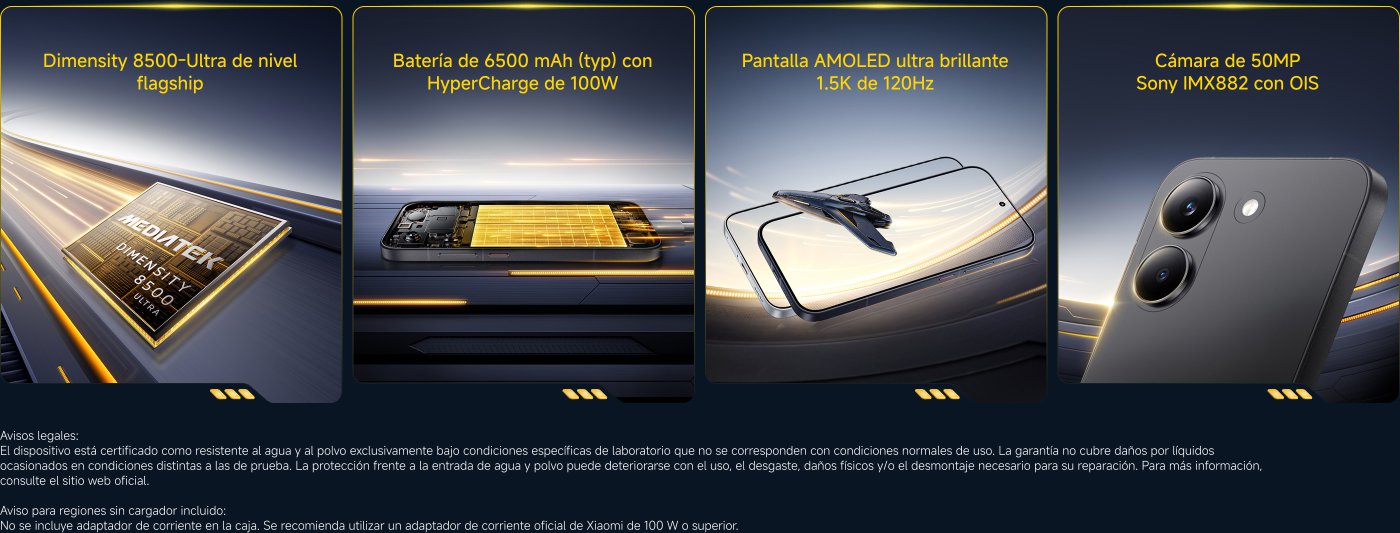 The text presents specifications of a mobile device. It highlights the Mediatek Dimensity 9500s processor, an 8500 mAh battery with 100W fast charging, a 6.83” AMOLED screen at 120Hz, and a 50MP main camera with Light Fusion 600 sensor and OIS. It also includes legal notices about water resistance and the non-inclusion of a charger in some regions.