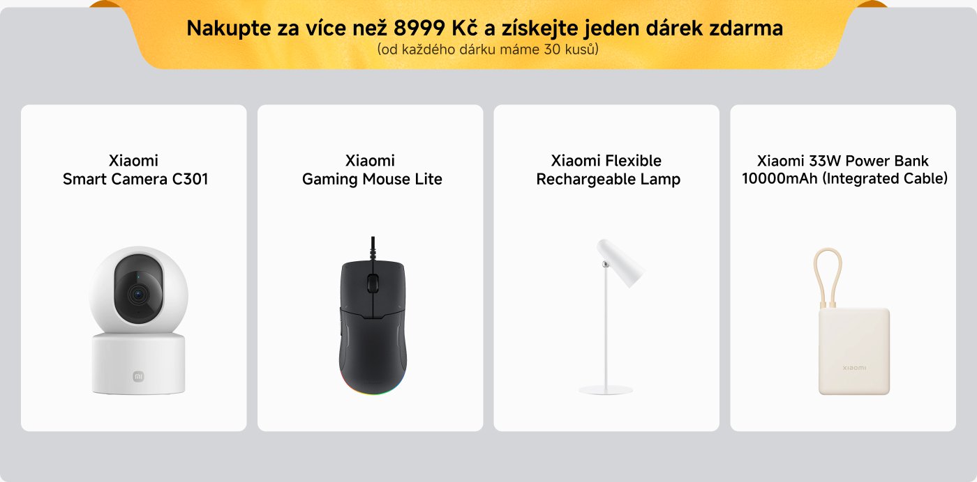 Při nákupu zboží v hodnotě přes 7999 českých korun získáte zdarma dárek, který zahrnuje několik produktů od Xiaomi, včetně Xiaomi Mi Band 8, Xiaomi robotického vysavače E5, Xiaomi LED stolní lampy 2, Xiaomi Bluetooth reproduktoru, Xiaomi 165W powerbanky a Xiaomi televizní tyče.