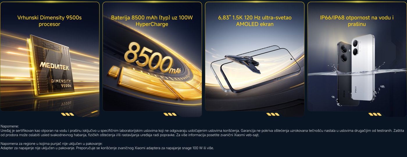 Nova 200 MP kamera sa izuzetno jasnim detaljima, IP66/IP68 otpornost na prašinu i vodu, Corning® Gorilla® Glass Victus® 2, i 6500 mAh baterija sa 100 W HyperCharge brzim punjenjem. Uređaj ima certifikaciju otpornosti, dok garancija pokriva oštećenja nastala usled prodora tečnosti. Napomena: punjač nije uključen u pakovanje.