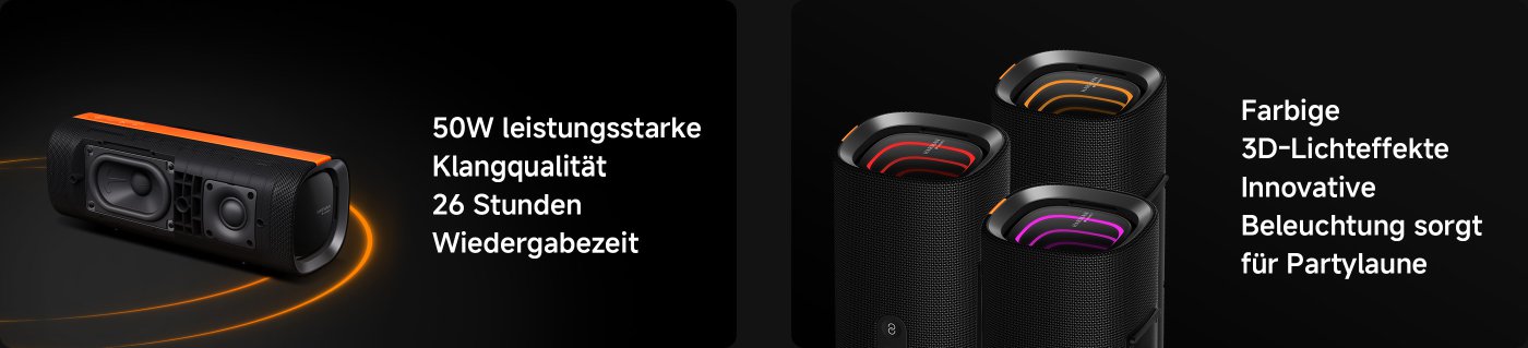 Ein tragbarer Lautsprecher mit 50W kraftvoller Klangqualität und einer Wiedergabezeit von 26 Stunden wird oben angezeigt. Darunter bieten drei kleinere Lautsprecher bunte 3D-Lichteffekte, die innovative Beleuchtung für Partys bieten.