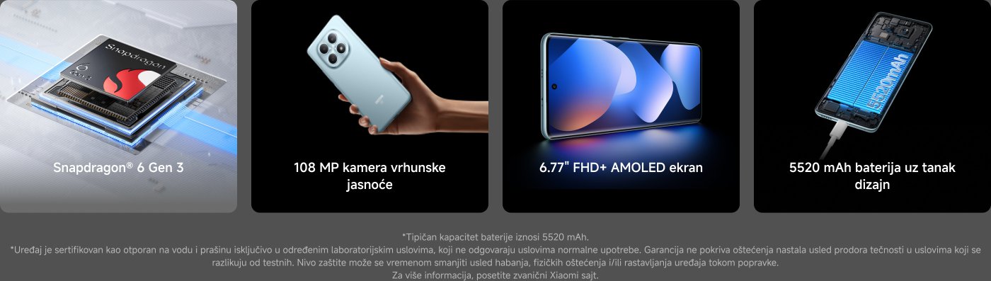 Slika prikazuje pametni telefon sa nekoliko istaknutih karakteristika:

- Snapdragon® 6 Gen 3 procesor.
- 108 MP kamera za visoku jasnoću.
- 6.77" FHD+ AMOLED ekran.
- 5520 mAh baterija sa tankim dizajnom.

Dodatne napomene ukazuju na to da je uređaj sertifikovan kao vodootporan i otporan na prašinu pod specifičnim laboratorijskim uslovima.
