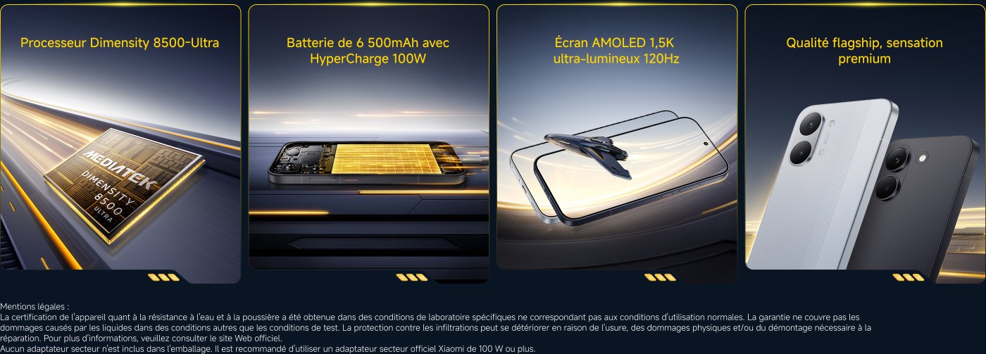 The text presents the characteristics of a smartphone. It mentions:

- Dimensity 8500-Ultra processor.
- 6,500mAh battery with HyperCharge 100W.
- Ultra-bright 1.5K AMOLED screen at 120Hz.
- Flagship quality and premium feel.

Legal mentions regarding water and dust resistance are also included, specifying that the warranty does not cover damage caused by liquids.