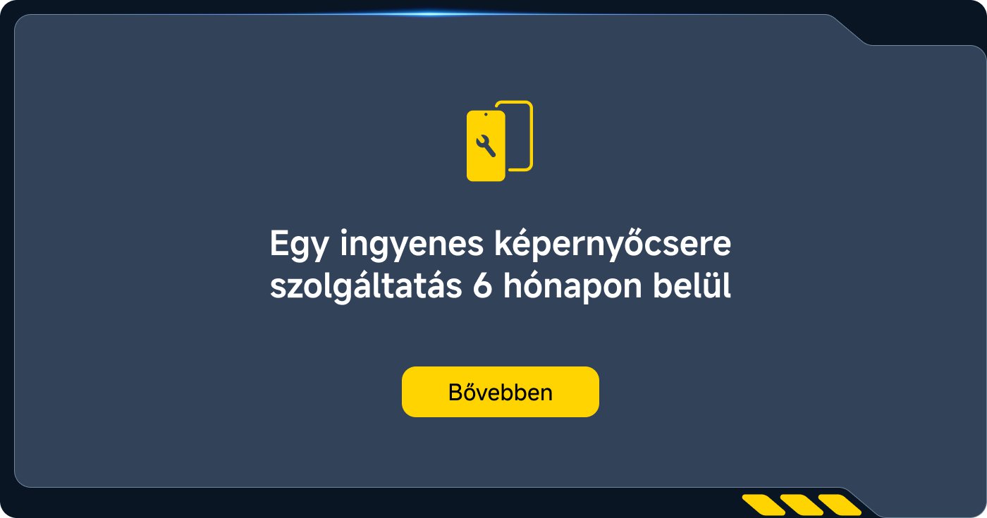 6 hónapig ingyenes kijelzőcsere szolgáltatást kínál, a gombon az "Tudjon meg többet" felirat szerepel.